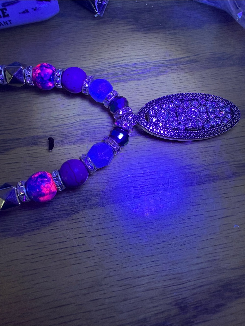 Beaded Oval Pendant Bracelet in Purple and silver 12 inches